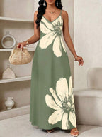 Vestido Longo Floral Decote V com Aplicação de Rosa 3D