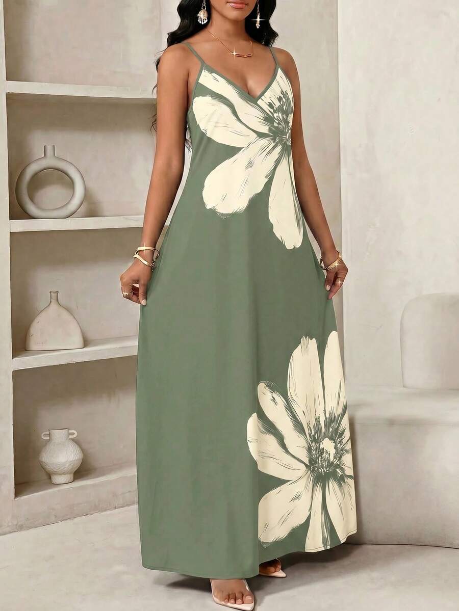 Vestido Longo Floral Decote V com Aplicação de Rosa 3D