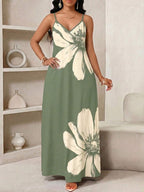 Vestido Longo Floral Decote V com Aplicação de Rosa 3D