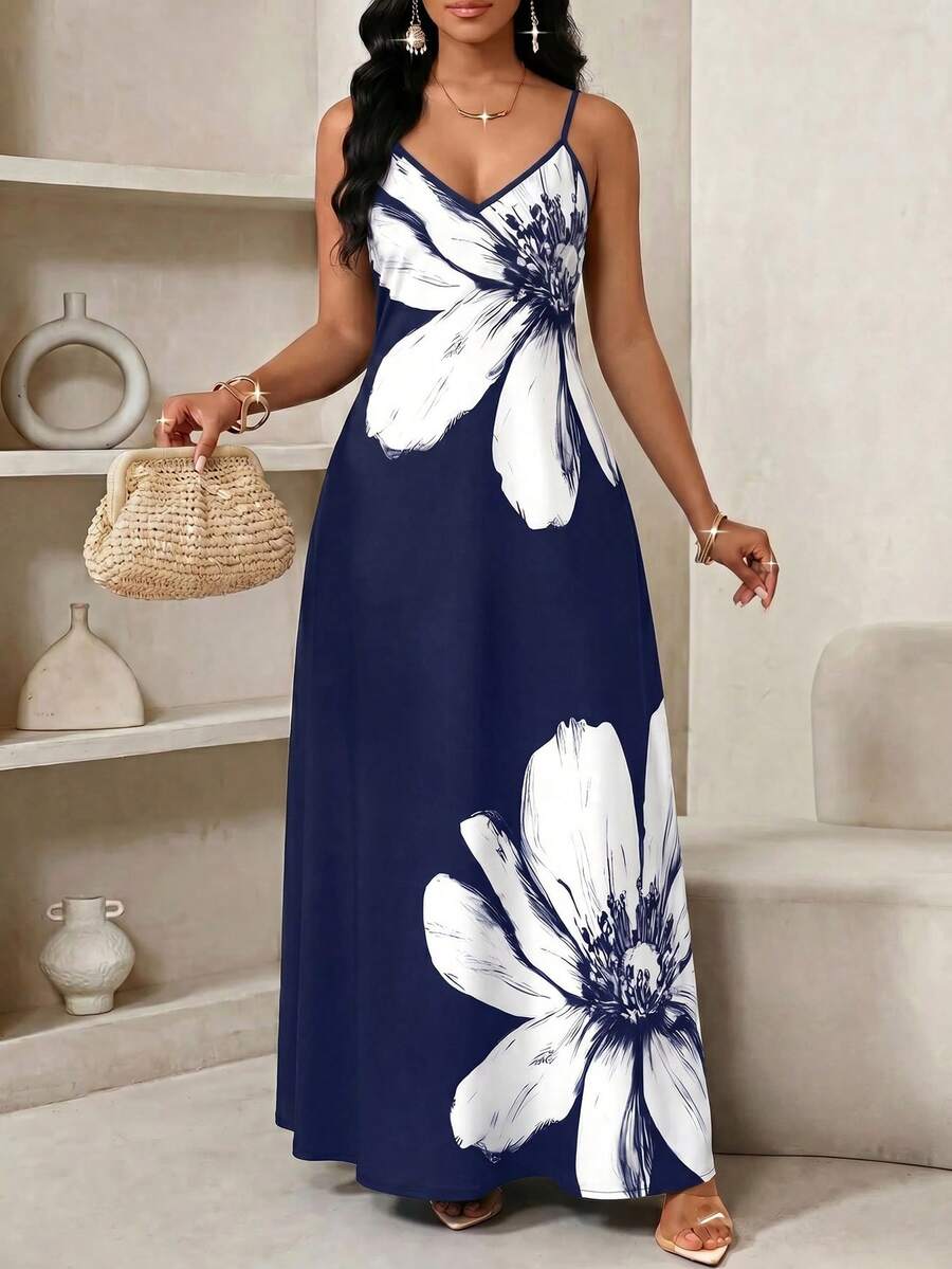 Vestido Longo Floral Decote V com Aplicação de Rosa 3D