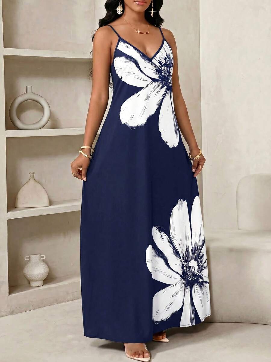 Vestido Longo Floral Decote V com Aplicação de Rosa 3D