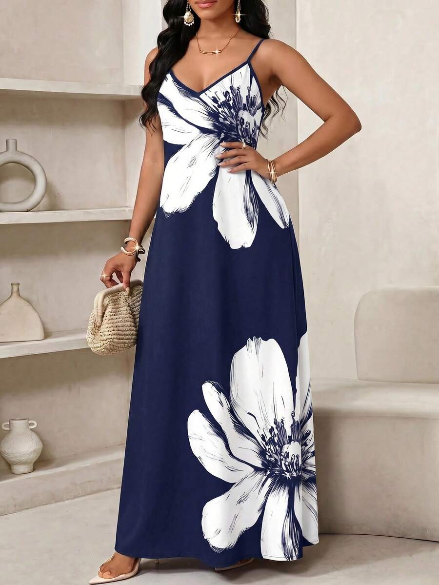 Vestido Longo Floral Decote V com Aplicação de Rosa 3D