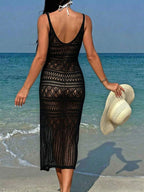 Vestido Saída de Praia Longo Transpassado em Tricô Vazado - La Lecce