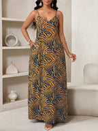Vestido Maxi de Alças com Estampa Geométrica e Bolsos