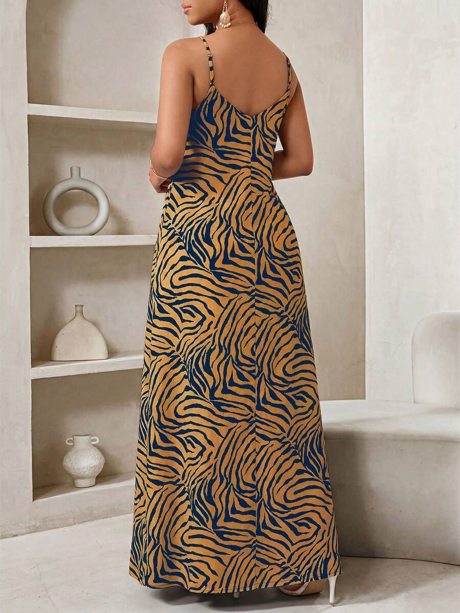 Vestido Maxi de Alças com Estampa Geométrica e Bolsos