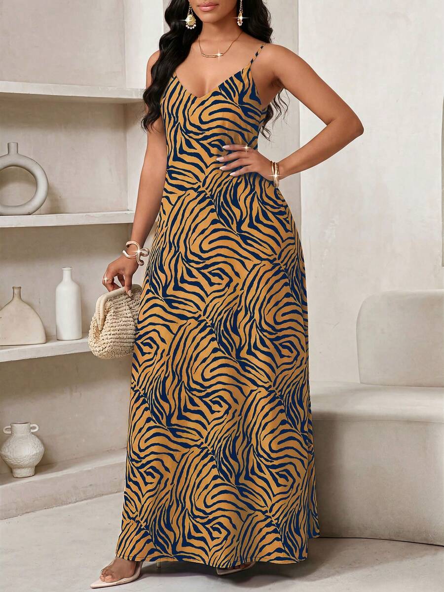 Vestido Maxi de Alças com Estampa Geométrica e Bolsos