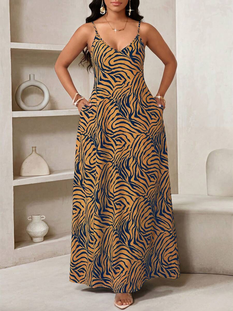 Vestido Maxi de Alças com Estampa Geométrica e Bolsos