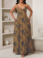 Vestido Maxi de Alças com Estampa Geométrica e Bolsos