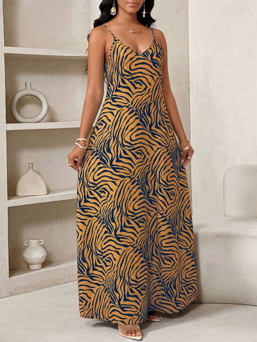 Vestido Maxi de Alças com Estampa Geométrica e Bolsos