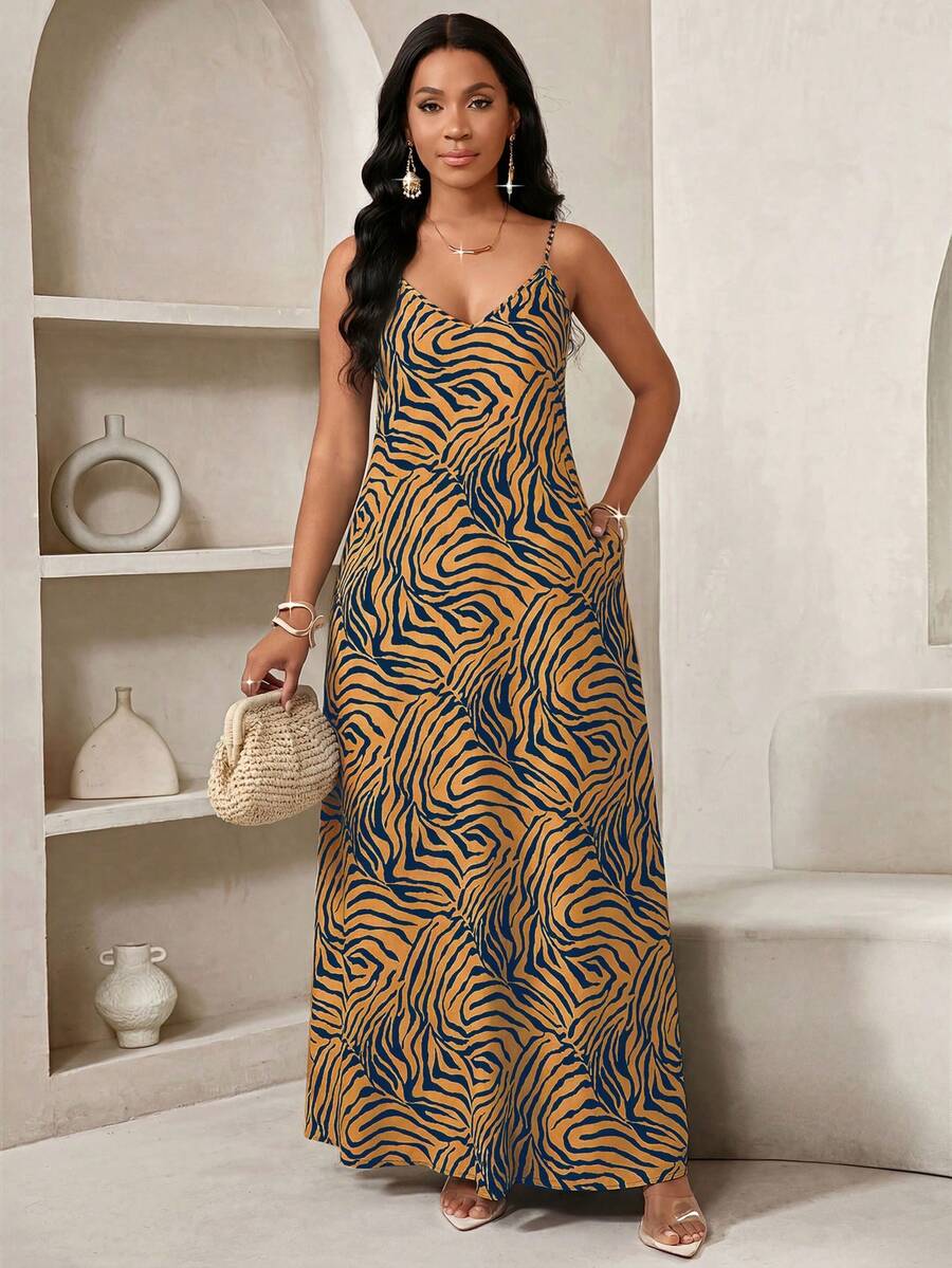Vestido Maxi de Alças com Estampa Geométrica e Bolsos