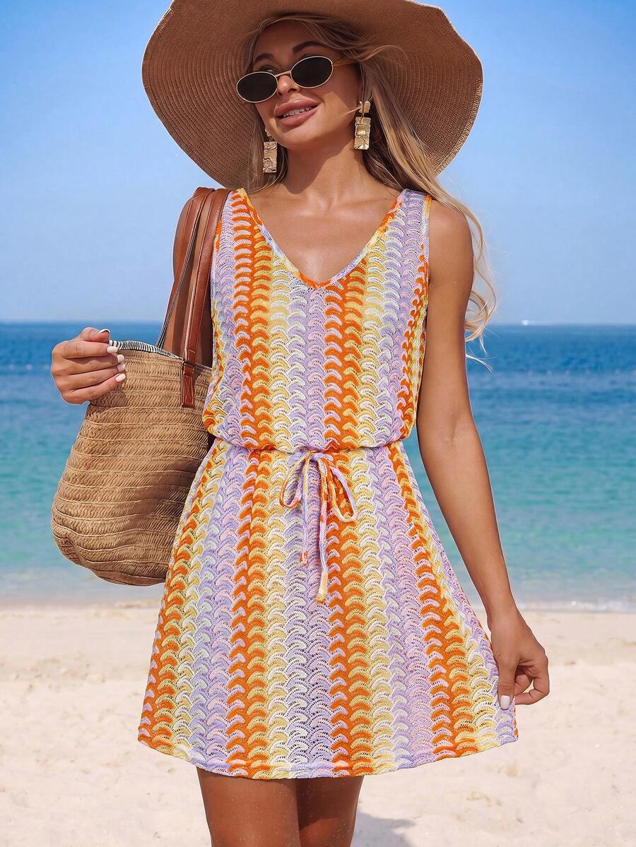Vestido Saída de Praia Longo com Decote V e Laço Contrastante - La Lecce