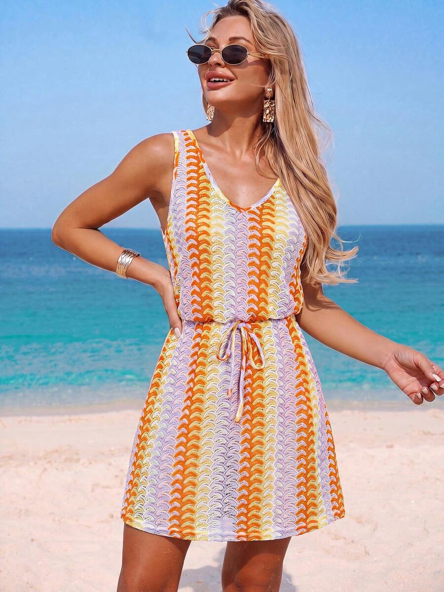 Vestido Saída de Praia Longo com Decote V e Laço Contrastante - La Lecce