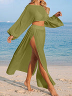 Conjunto de Praia 2 Peças com Cropped de Manga Longa e Saia com Fenda