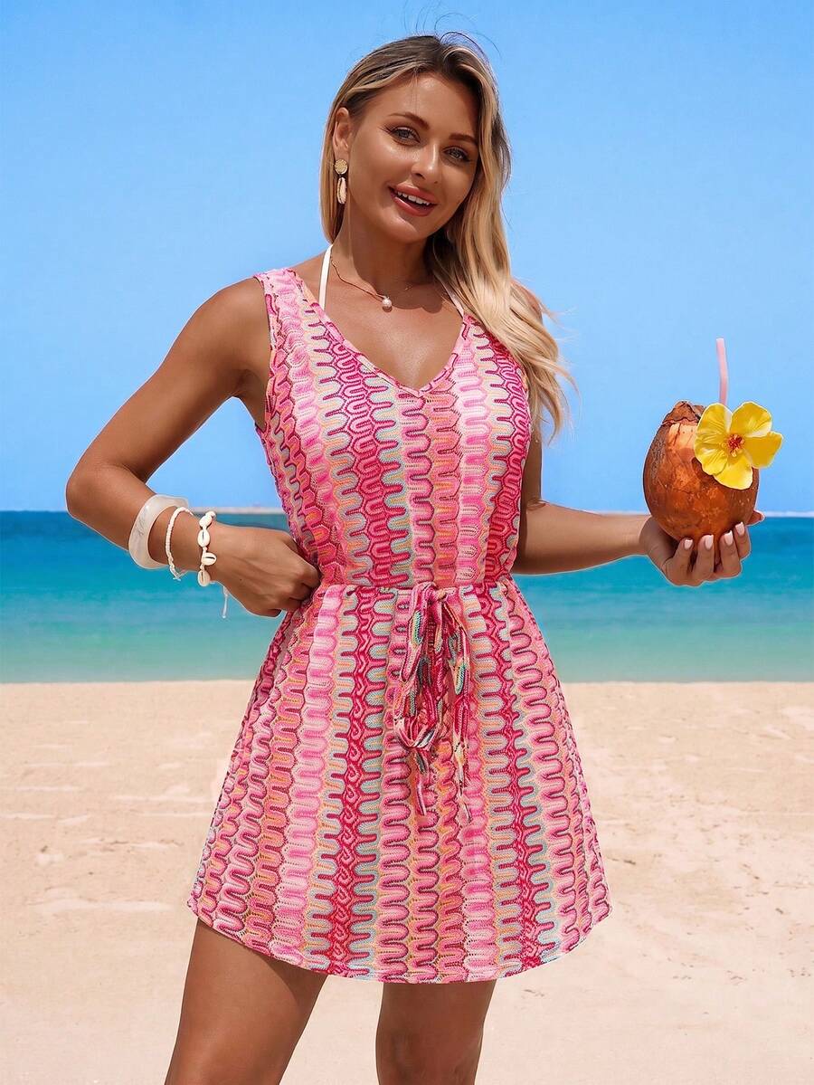 Vestido Saída de Praia Longo com Decote V e Laço Contrastante - La Lecce