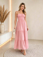 Vestido Longo Boho de Alças com Franzido em Camadas - La Lecce