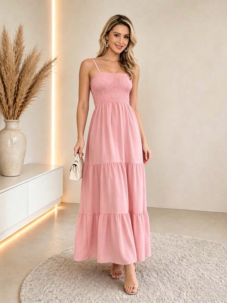 Vestido Longo Boho de Alças com Franzido em Camadas - La Lecce