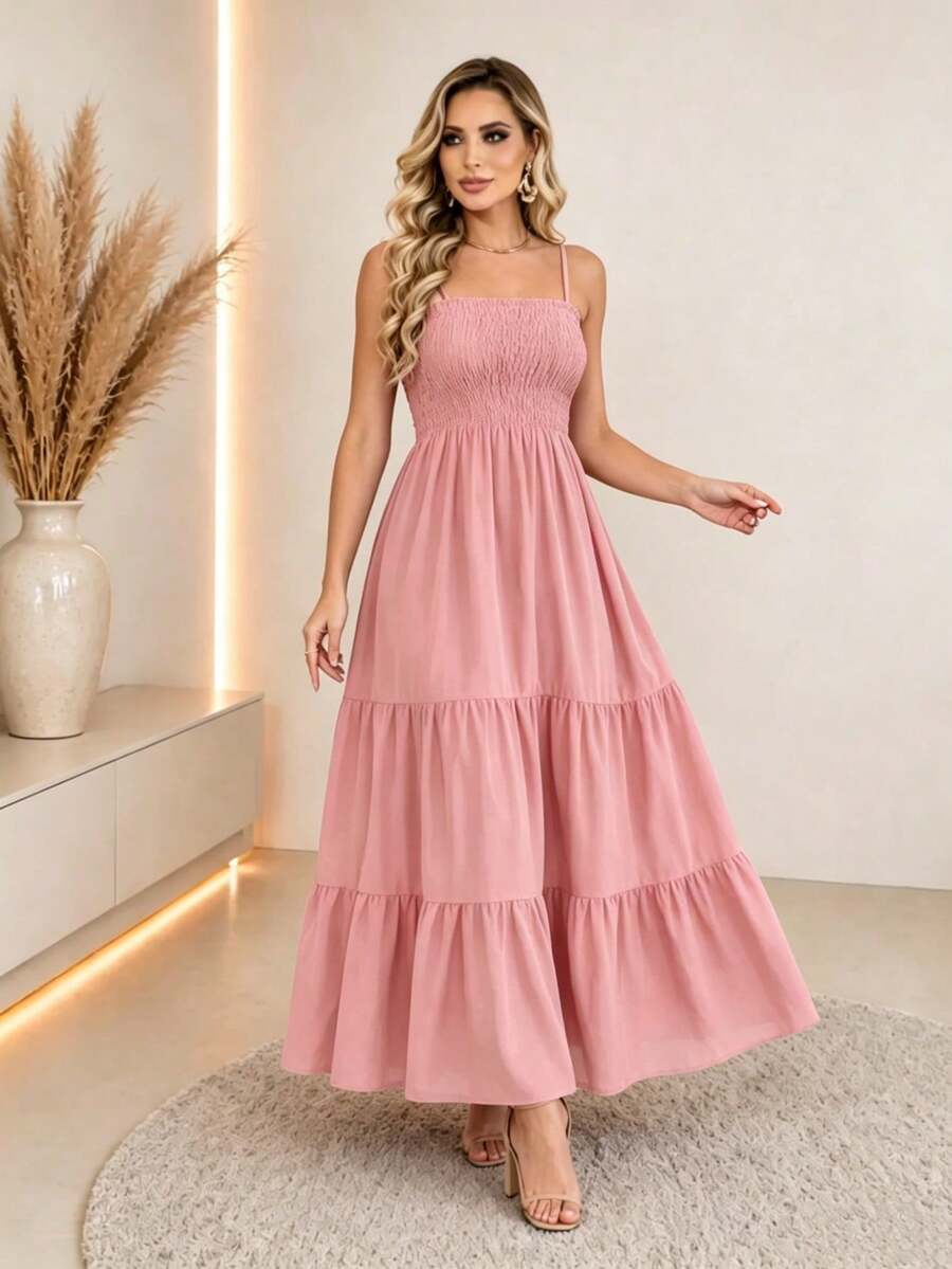 Vestido Longo Boho de Alças com Franzido em Camadas - La Lecce