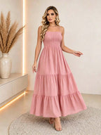 Vestido Longo Boho de Alças com Franzido em Camadas - La Lecce