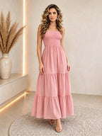 Vestido Longo Boho de Alças com Franzido em Camadas - La Lecce