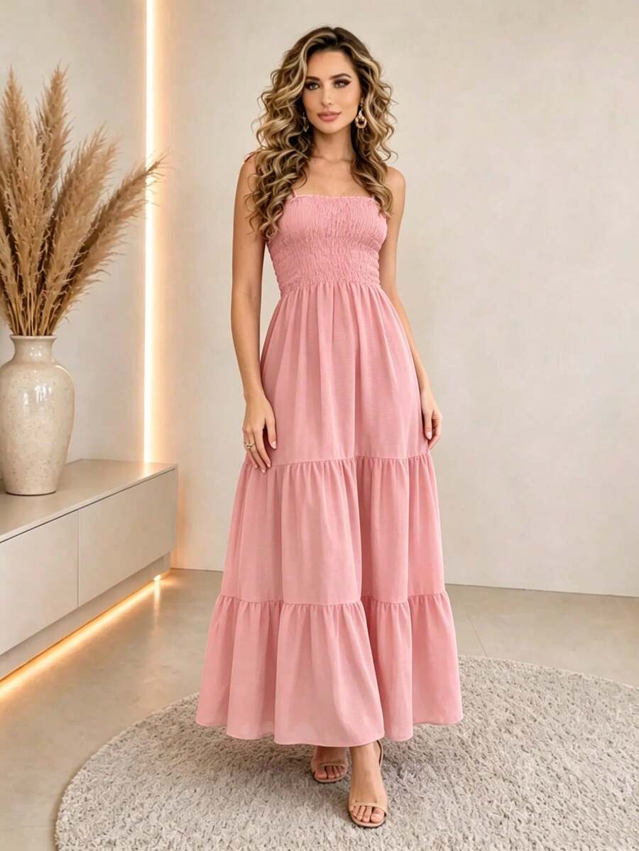 Vestido Longo Boho de Alças com Franzido em Camadas - La Lecce