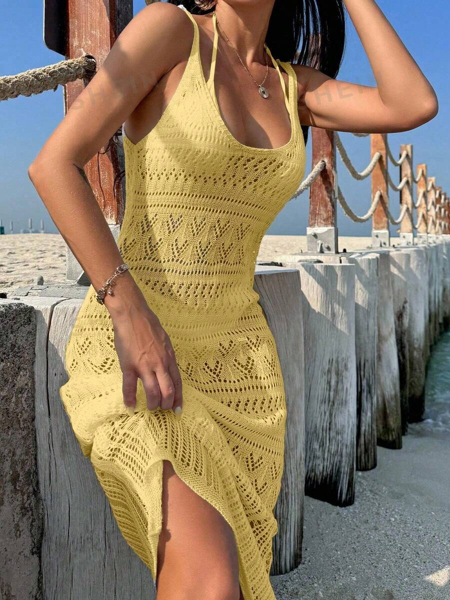 Vestido Saída de Praia Longo Transpassado em Tricô Vazado - La Lecce