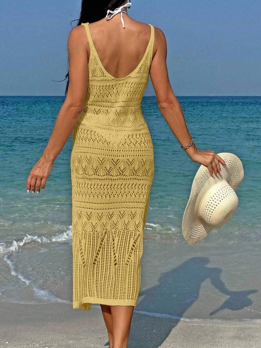 Vestido Saída de Praia Longo Transpassado em Tricô Vazado - La Lecce