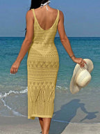 Vestido Saída de Praia Longo Transpassado em Tricô Vazado - La Lecce