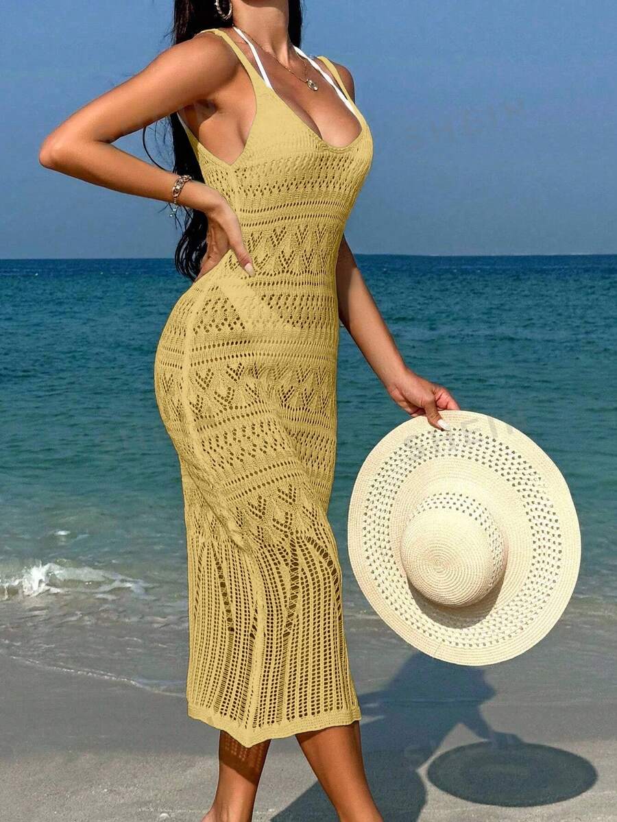 Vestido Saída de Praia Longo Transpassado em Tricô Vazado - La Lecce