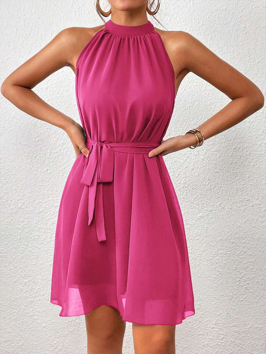 Vestido Curto Frente Única em Chiffon com Cinto - La Lecce
