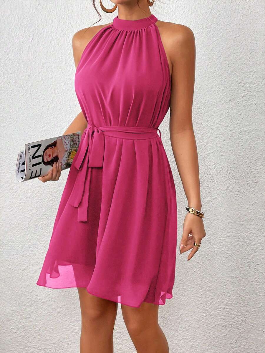 Vestido Curto Frente Única em Chiffon com Cinto - La Lecce