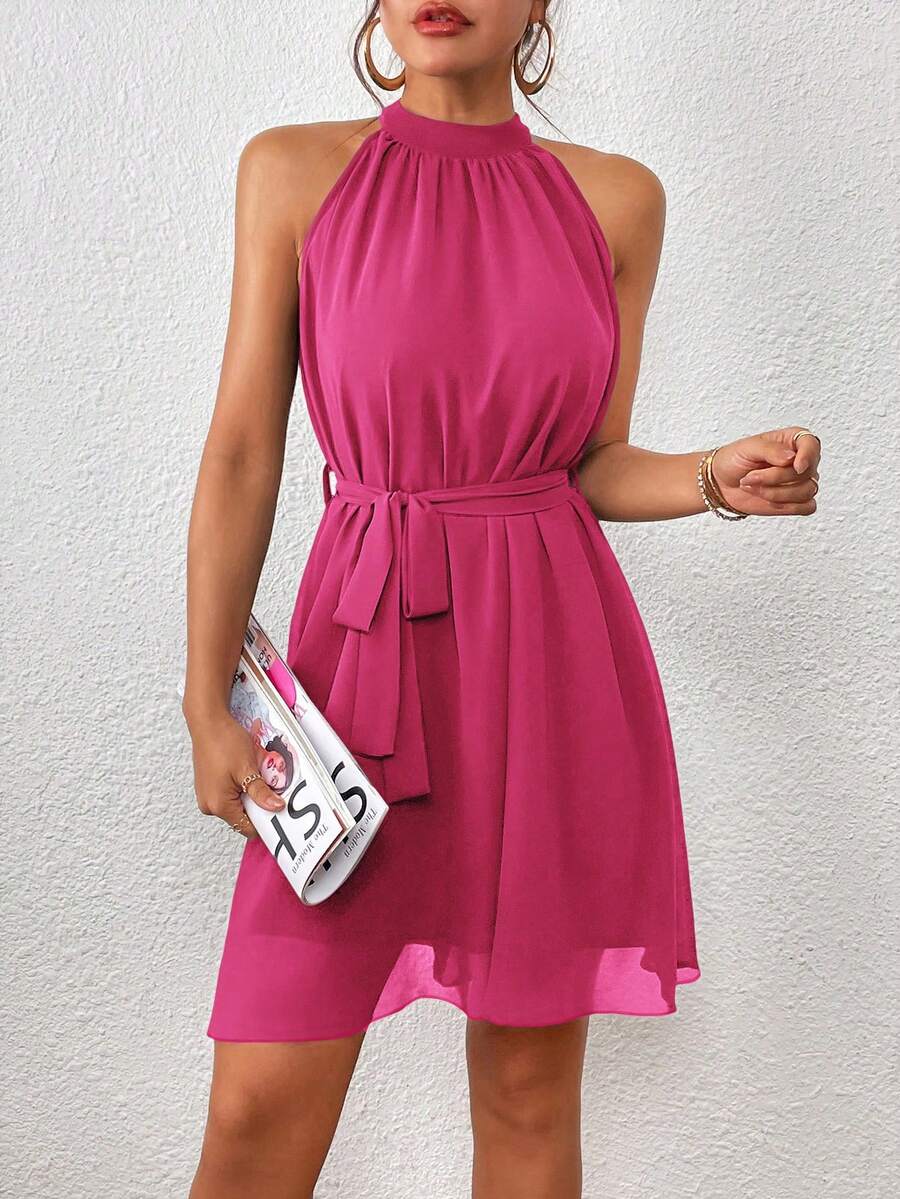 Vestido Curto Frente Única em Chiffon com Cinto - La Lecce