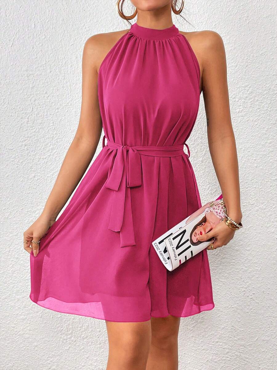 Vestido Curto Frente Única em Chiffon com Cinto - La Lecce