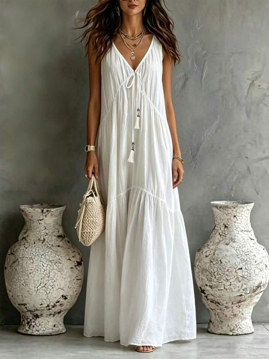 Vestido Longo de Alças Finas com Amarração e Borlas - La Lecce