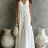 Vestido Longo de Alças Finas com Amarração e Borlas
