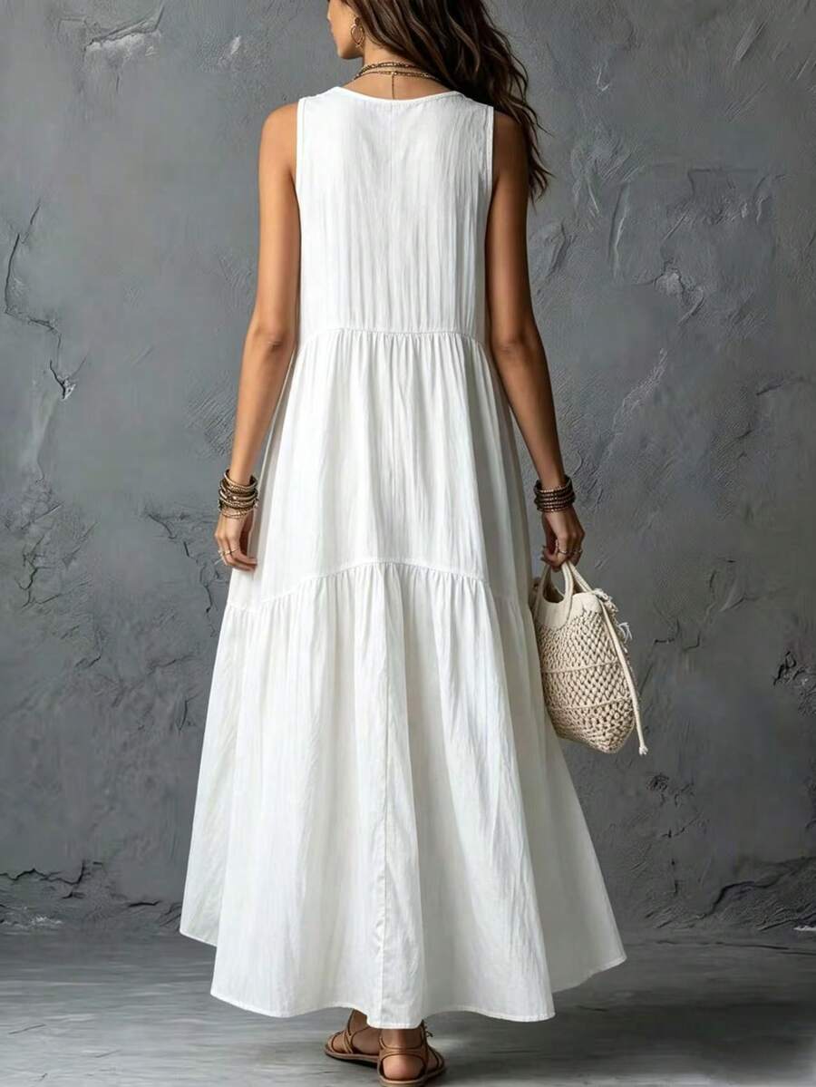Vestido Longo de Alças Finas com Amarração e Borlas - La Lecce