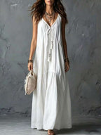 Vestido Longo de Alças Finas com Amarração e Borlas - La Lecce