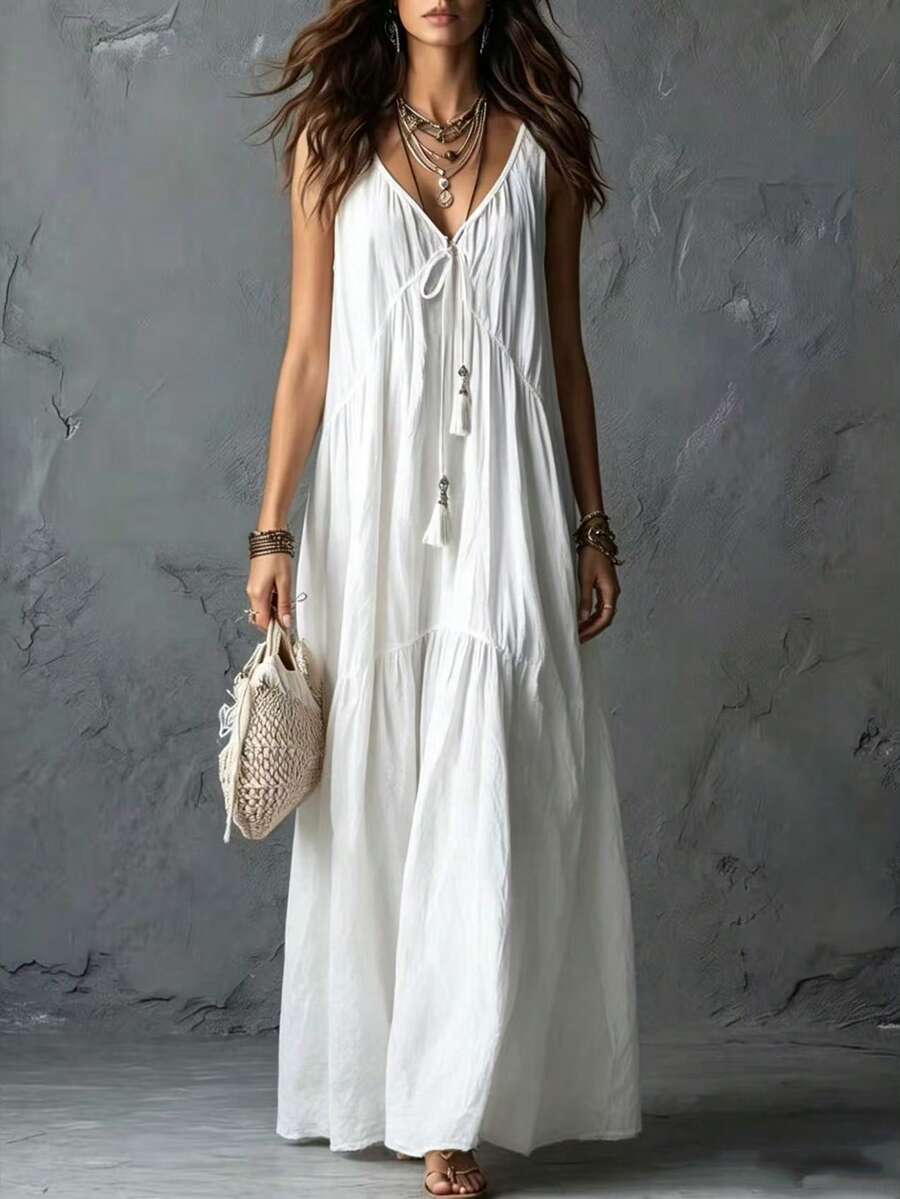 Vestido Longo de Alças Finas com Amarração e Borlas - La Lecce