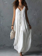Vestido Longo de Alças Finas com Amarração e Borlas - La Lecce