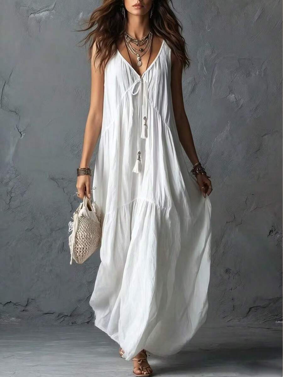 Vestido Longo de Alças Finas com Amarração e Borlas - La Lecce