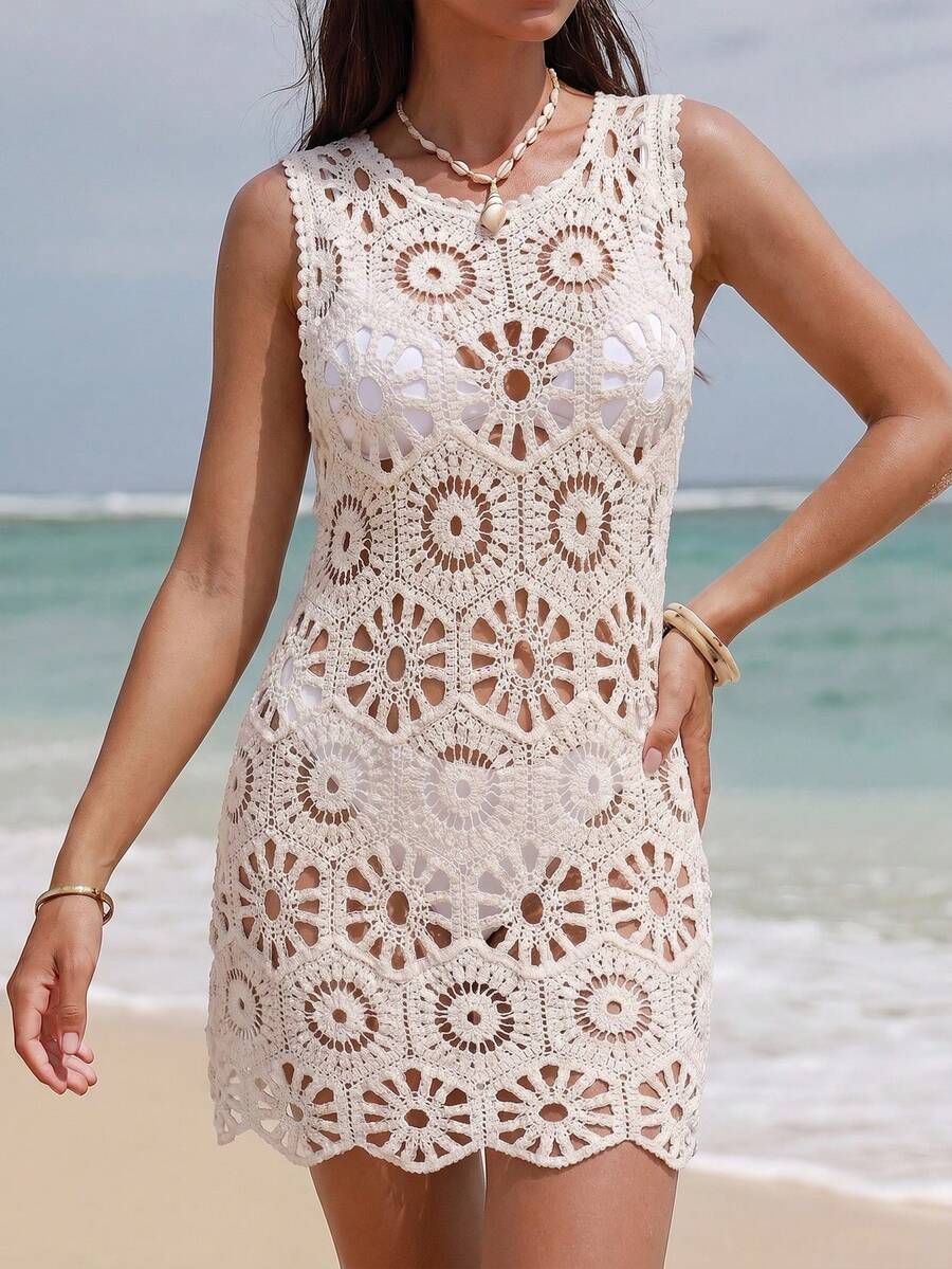 Vestido Saída de Praia Longo em Crochê com Gola Redonda - La Lecce