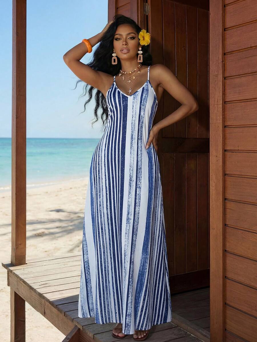 Vestido Maxi Boho de Alças com Costas Abertas e Bolsos