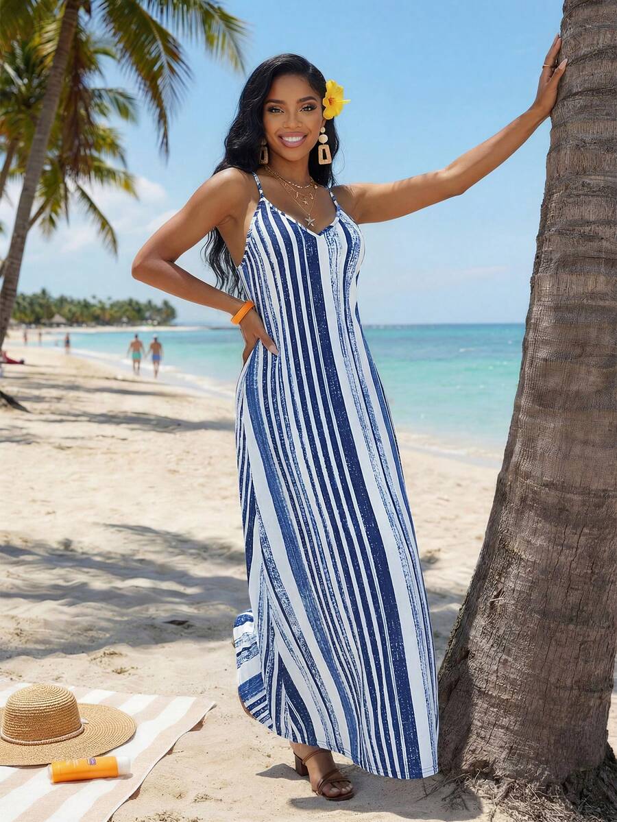 Vestido Maxi Boho de Alças com Costas Abertas e Bolsos