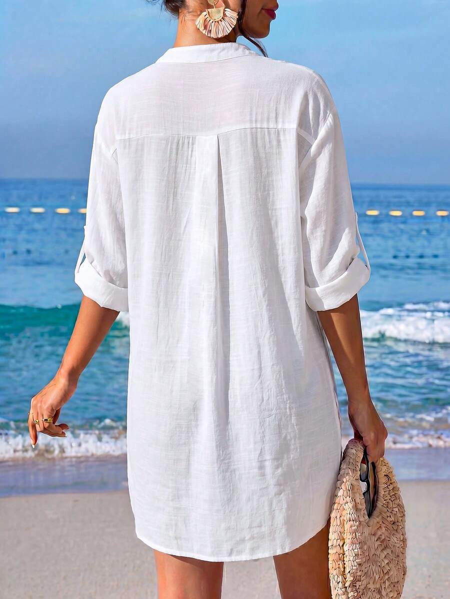 Vestido Saída de Praia Chemise Curto com Barra Assimétrica - La Lecce