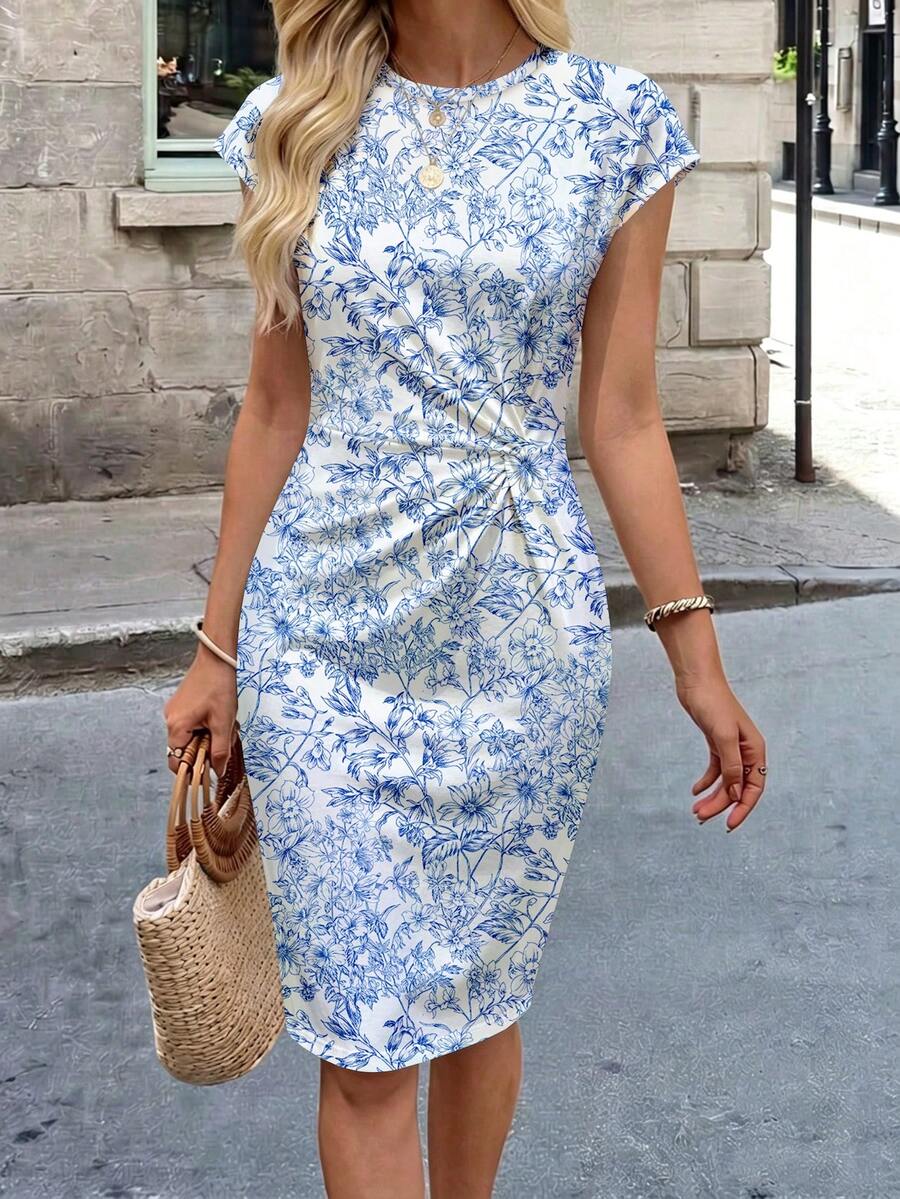 Vestido Midi de Algodão com Detalhe Torcido e Manga Curta - La Lecce