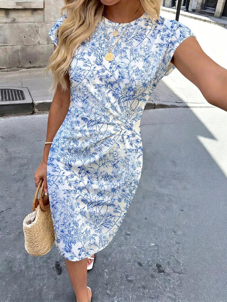 Vestido Midi de Algodão com Detalhe Torcido e Manga Curta - La Lecce