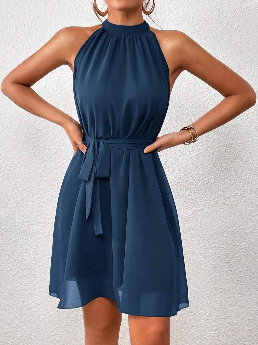 Vestido Curto Frente Única em Chiffon com Cinto - La Lecce