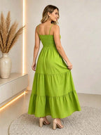 Vestido Longo Boho de Alças com Franzido em Camadas - La Lecce