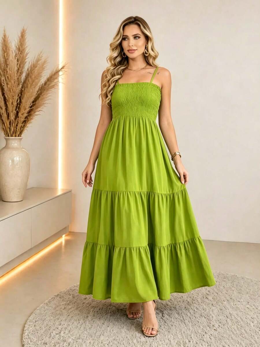 Vestido Longo Boho de Alças com Franzido em Camadas - La Lecce