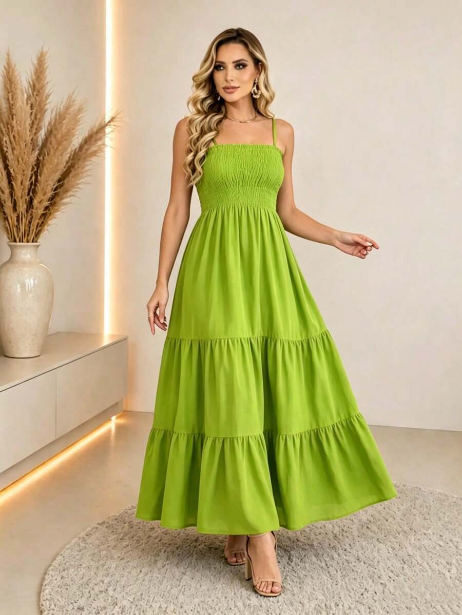 Vestido Longo Boho de Alças com Franzido em Camadas - La Lecce