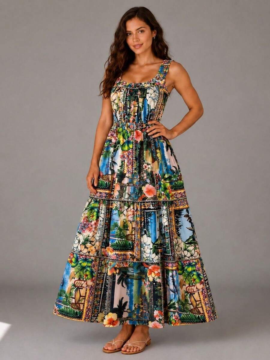 Vestido Longo Boho de Alças com Franzido em Camadas - La Lecce